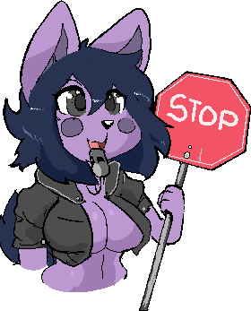 Has a purple wolf furry holding a stop sign.She has preky breasts, a leather jacket, messy hair, a happy expression and I think she wants you to stop and read something